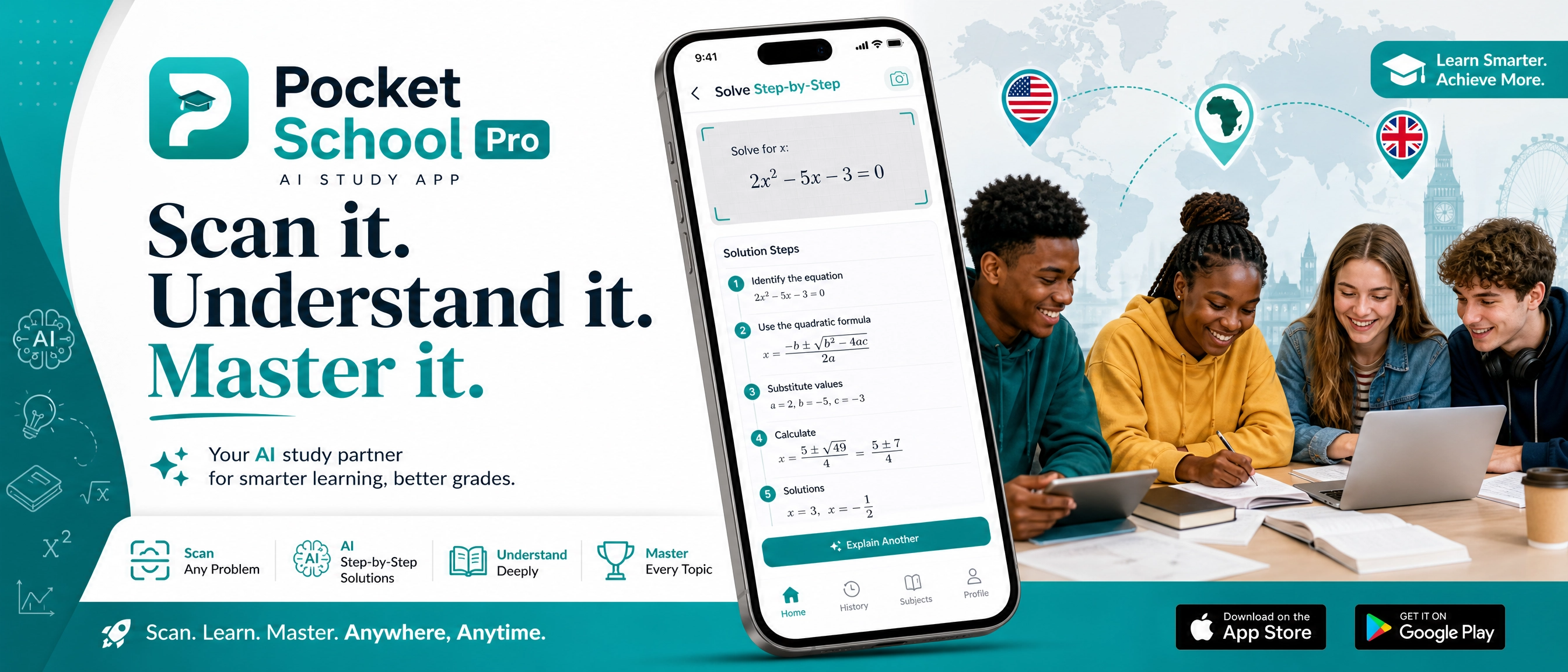 Pocket School Pro AI homework tutor app showing step-by-step math solutions for UK students