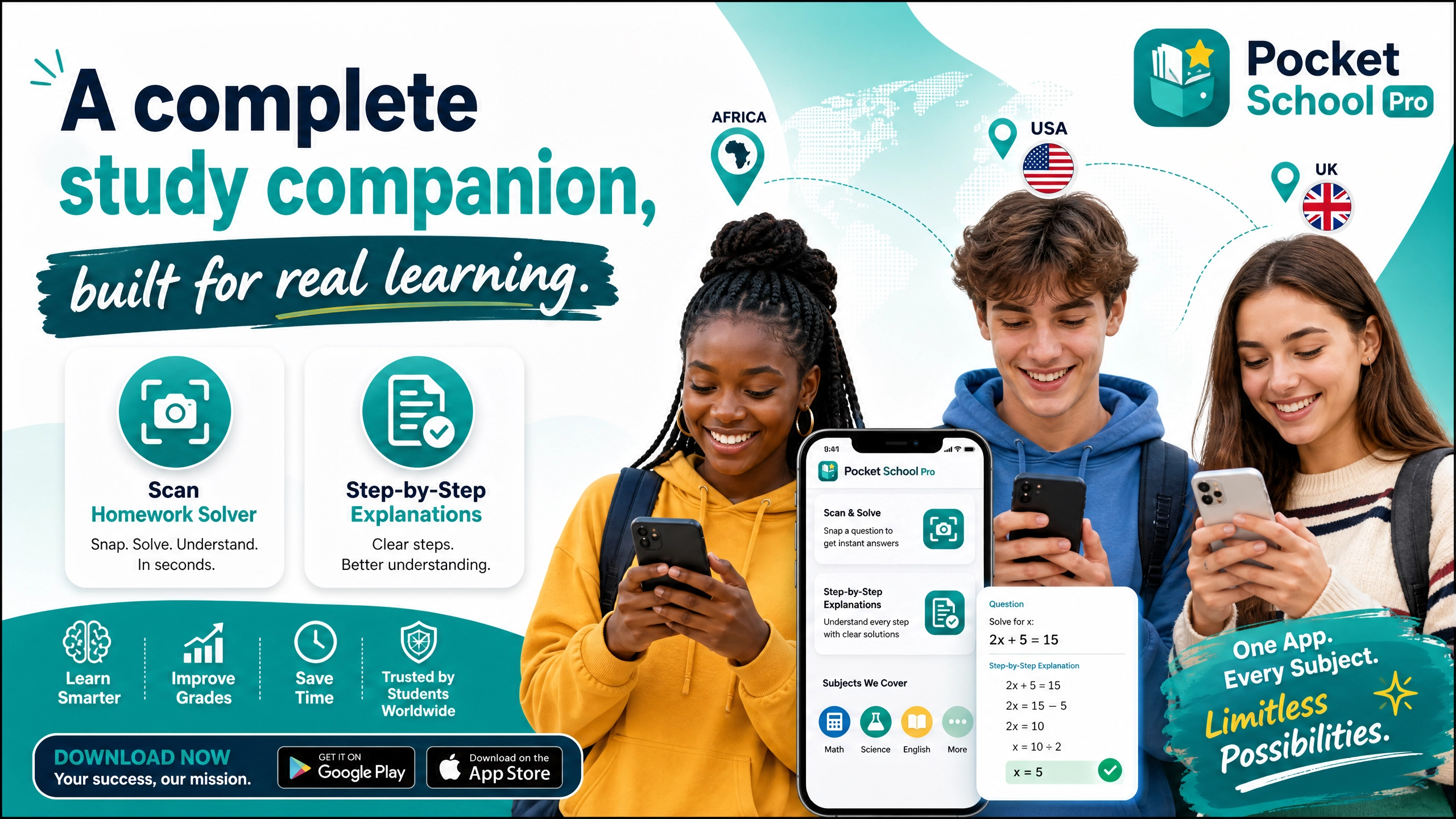 Pocket School Pro app showing step-by-step maths solution with scan and solve feature