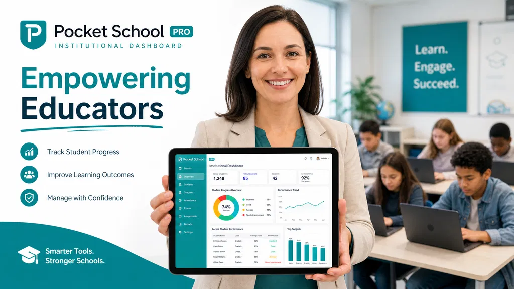 Pocket School Pro institutional dashboard showing student progress tracking, attendance monitoring, and performance analytics for UK schools